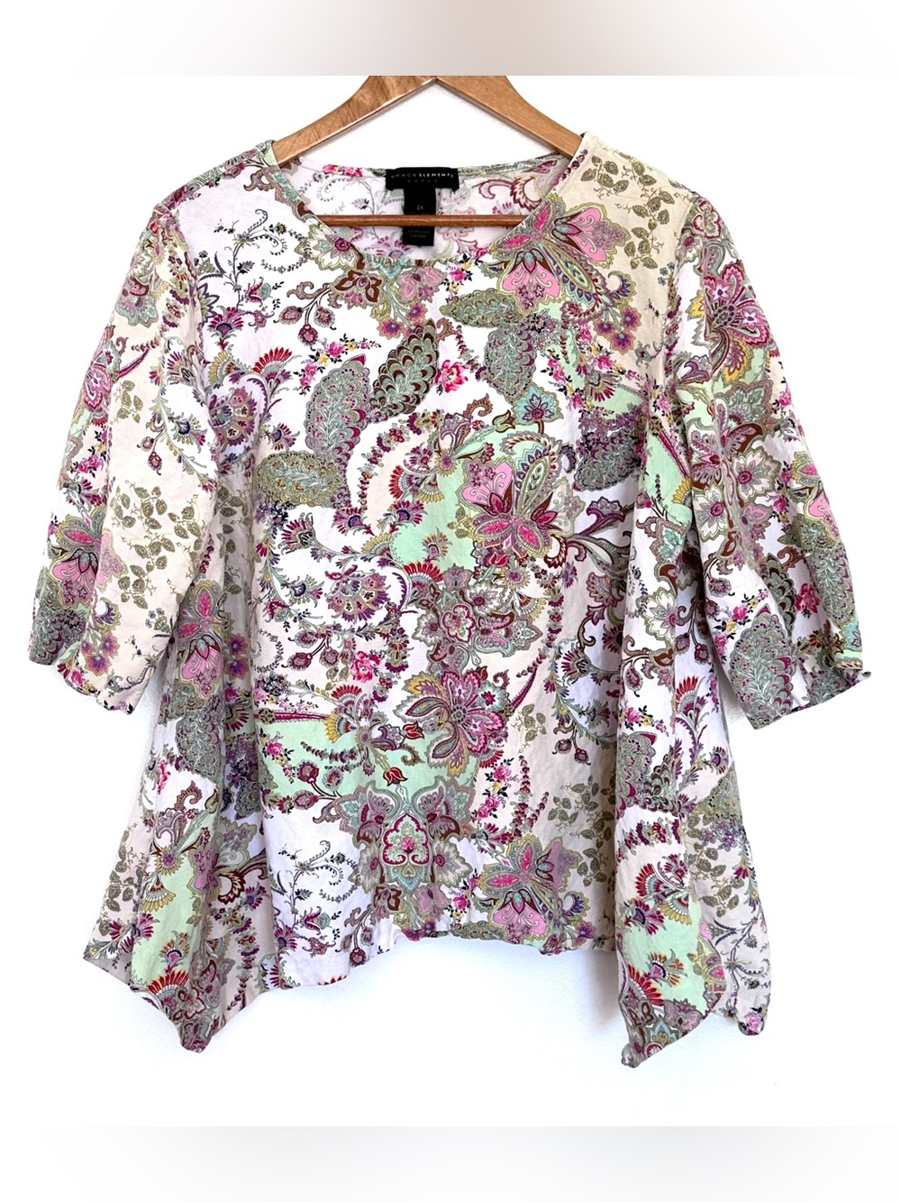 Grace Elements Plus Shirt Women’s 2X Paisley Boho Linen Blend Pullover Top